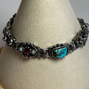 VTG Turquoise Pearl & Rhinestone Silver Tone Decorative Bracelet 6 1/2”